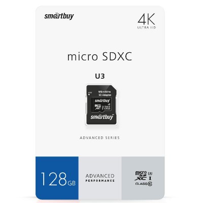 Micro SDXC 128GB Smartbuy U3 V30 A1 Advanced R/W up to 90/55 с адапт (SB128GBSDU1A-AD)
