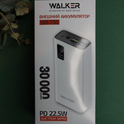 Внешний аккумулятор Walker WB-730, 30000 mAh, 3A вх/вых, USBx4, microUSB, Type-C, QC 3.0+PD, белый
