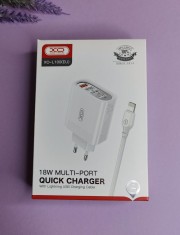 СЗУ XO L100, 2.4A, USBx4, быстрая зарядка QC 3.0, блочок + кабель Lightning, белый