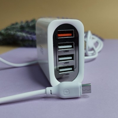 СЗУ XO L100, 2.4A, USBx4, быстрая зарядка QC 3.0, блочок + кабель Micro, белый