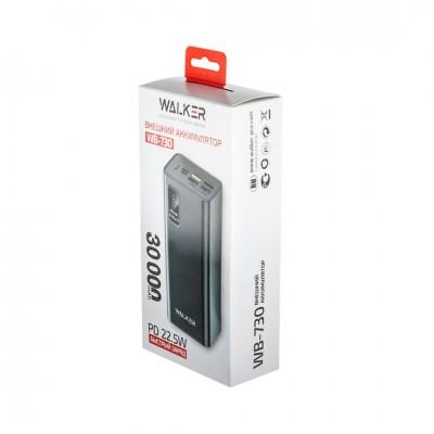 Внешний аккумулятор Walker WB-730, 30000 mAh, 3A вх/вых, USBx4, microUSB, Type-C, QC 3.0+PD, черный