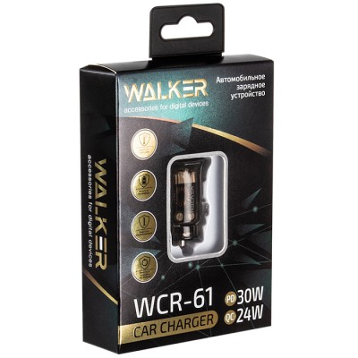 АЗУ WALKER WCR-61, 3А, 30Вт, USBx1/Type-Cx1, быстрая зарядка QC 3.0+PD, блочок, черный