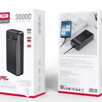 Внешний аккумулятор XO PR-201, 30000 mAh, USBx2/Type-C, QC 3.0+PD, 65 Вт, дисплей, черный
