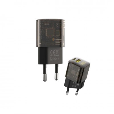СЗУ XO CE05, 30Вт, быстрая зарядка QC 3.0+PD, блочок + кабель Type-C, прозрачный черный