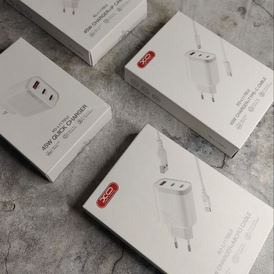 СЗУ XO L117, 45Вт, Type-Cx2/USBx1, быстрая зарядка QC 3.0+PD, блочок + кабель Lightning, белый
