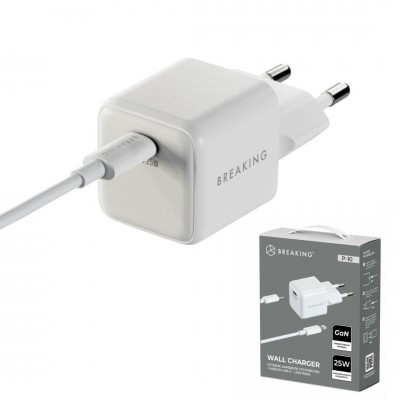 Breaking СЗУ P-10, USB-C, GaN 25W, 3A + кабель USB-C - Lightning (22246), белый