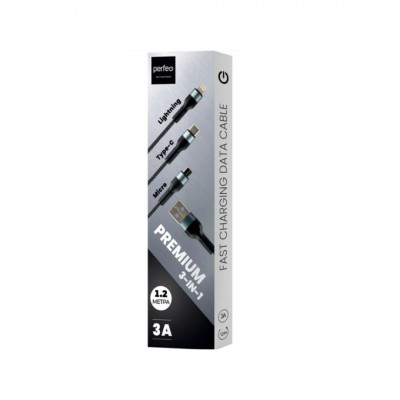 PERFEO Кабель USB A вилка - 3 в 1 (Micro+Type-C+8 PIN вилка), 3А, черный, длина 1,2 м., (U5002)