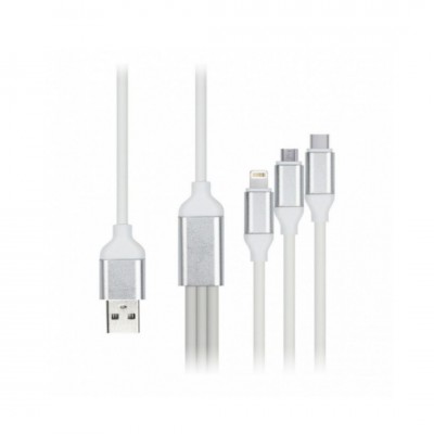 Дата-кабель Smartbuy USB - 3 в 1 Micro+C+8pin, резин, толст. 1.2 м, до 3А белый (iK-312QBOMB white)