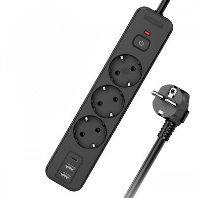 Perfeo сетевой фильтр "REAL HOME" 2,0м, 3 розетки, 2USB+1TYPE-C, 16А, 3500 Вт,тройная защита,черный.