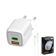 СЗУ WALKER WH-71 GaN, 2в1, 3А, 33Вт, USB/Type-C, QC/PD + кабель Type-C-для Lightning, белое