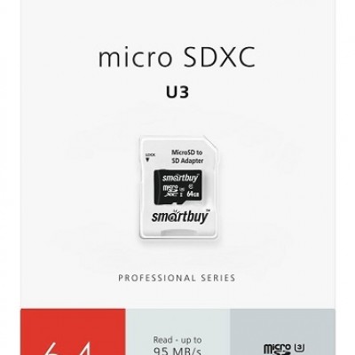 Micro SD 64GB SmartBuy (Class 10) PRO U3 R/W:95/60 MB/s с адаптером (SB64GBSDCL10U3L-01)