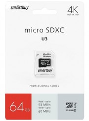 Micro SD 64GB SmartBuy (Class 10) PRO U3 R/W:95/60 MB/s с адаптером (SB64GBSDCL10U3L-01)