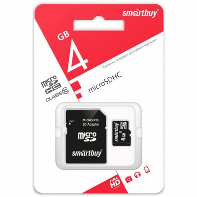 Micro SD 4Gb SmartBuy (Class 10) с адаптером (SB4GBSDCL10-01)