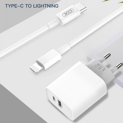 СЗУ XO L64 1 USB разъем + 1 TYPE-C разъем QC3.0+PD, блочок + кабель Apple IPhone 5/6/7, белый(повреж