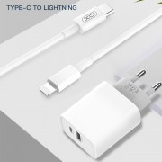 СЗУ XO L64 1 USB разъем + 1 TYPE-C разъем QC3.0+PD, блочок + кабель Apple IPhone 5/6/7, белый