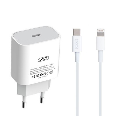 СЗУ XO L40, (18 Вт), Type-Cx1, быстрая зарядка PD, блочок + кабель Lightning для iPhone 5/6/7, белый