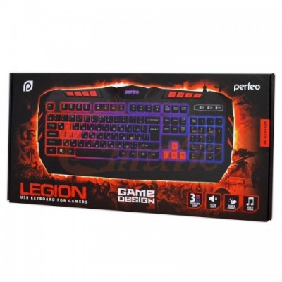 Perfeo клавиатура "LEGION" Multimedia, GAME DESIGN, подсв. 3 цвет USB, чёрн (PF-9220-GM)