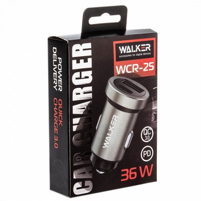 АЗУ WALKER WCR-25, USB + Type-C разъемы, 36W, PD+QC 3.0, блочок, серый