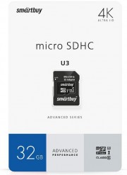 Micro SD 32GB SmartBuy (Class 10) с адаптером U3 V30 A1 Advanced R/W up to 90/55 4K (SB32GBSDU1A-AD)