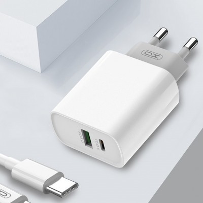 СЗУ XO L64 1 USB разъем + 1 TYPE-C разъем QC3.0+PD, блочок + кабель Apple IPhone 5/6/7, белый