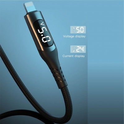 XO NB162 кабель для iPhone 5/6, 2.4А, матерчатая оплетка, дисплей, черный