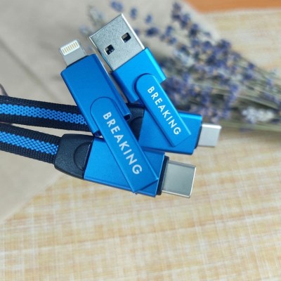 Кабель Breaking Nylon 5 в 1 Universal, USB-A,USB-C,Lightning,USB-C,MicroUSB, 3A, 60W, 1m., синий