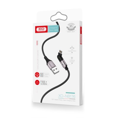 XO NB176 кабель для iPhone 5/6, матерчатая оплетка, индикатор, вращающийся разъем, черный