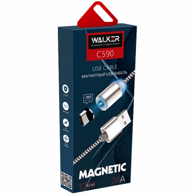 Кабель MICRO-USB Walker C590, магнитный, с индикатором, в мат.обмотке, черный