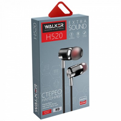 Наушники Walker H520, с микрофоном и кнопкой ответа (матерчатый провод, угловой разъем), черный