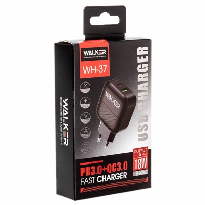 СЗУ Walker WH-37, USB + Type-C разъемы, 18W, (быстрый заряд PD+QC3.0), черный
