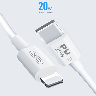 XO NB-Q189A, Type-C/Lightning (iPhone), 20Вт, быстрая зарядка PD, прорезиненная оплетка, белый