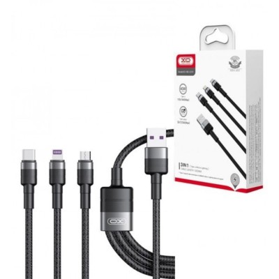 XO NB-Q191, Lightning/Micro USB/Type-C, 40Вт, матерчатая оплетка, черный