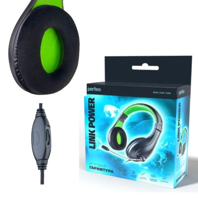Perfeo игровая гарнитура LINK POWER 2,0 м, разъем 2 x 3,5 мм (3 pin) + переходник, черно-зеленый