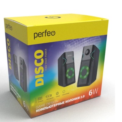 Perfeo колонки "DISCO", 2.0, мощность 2х3 Вт, USB, Game Design, RGB подсветка 7 режимов, чёрный