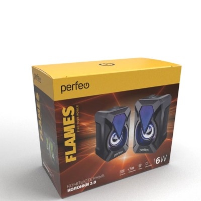 Perfeo колонки "FLAMES", 2.0, мощность 2х3 Вт, USB, Game Design, LED подсветка 7 цв, чёрный