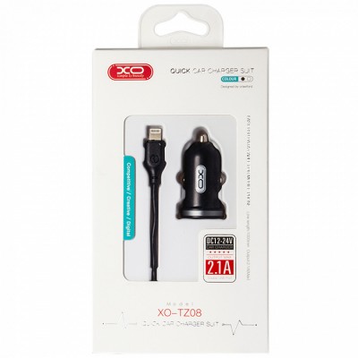 АЗУ XO TZ08 2 USB разъема (2.1A) блочок + кабель Apple IPhone 5/6/7, черный