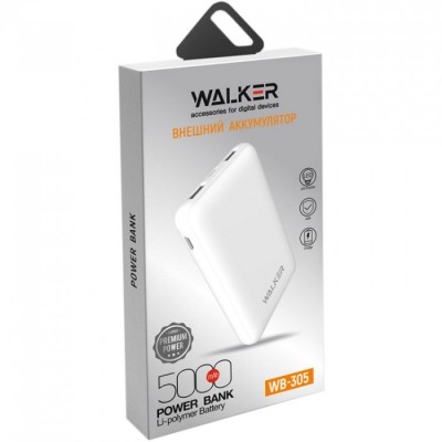 Внешний аккумулятор Walker WB-305, 5000 mAh, Li-Pol, USBx2, microUSB, Type-C, пластик, белый