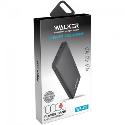 Внешний аккумулятор Walker WB-410, 10000 mAh, Li-Pol, USBx2, microUSB, Type-C, пластик, черный